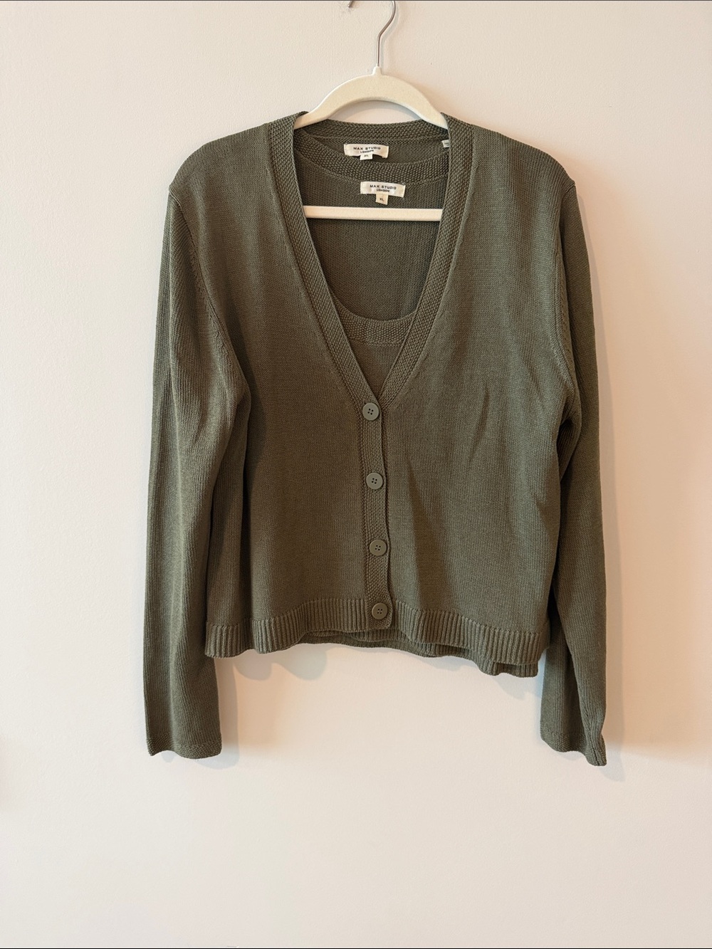 Max Studio Olive Knit V-Neck Button Cardigan and Shell set